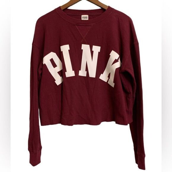 PINK Victoria’s Secret Burgundy Waffle Knit Crop Tee M - Picture 1 of 6